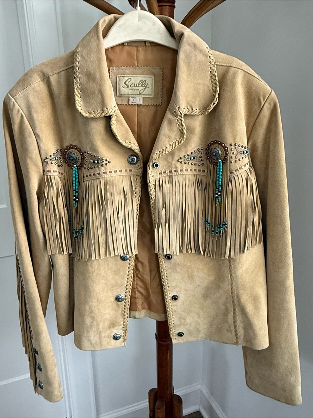 Scully Tan Suede Fringe Jacket with Turquoise Bead Accents